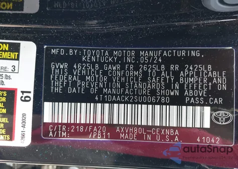 2025 Toyota Camry Le из США, поврежденный, VIN 4T1DAACK2SU006780